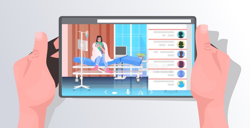 ανθρώπινα χέρια με χρήση tablet με ασθενή γυναίκα ασθενή στην οθόνη καλυμμένη με 19 αντίληψη πανδημία νοσοκομείο εσωτερικό διανυσματική απεικόνιση