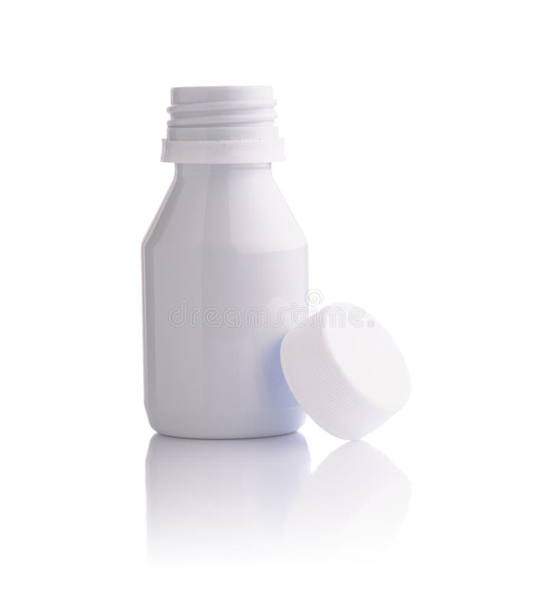 Open medium size white plastic medicine bottle with white cap at side. Open medium size white plastic medicine bottle with white cap at side
