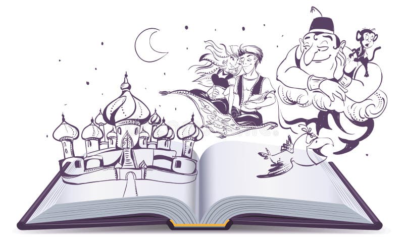 Ανοικτός μαγικός λαμπτήρας Aladdin ιστορίας ιστορίας βιβλίων Αραβικές ιστορίες Alladin, μεγαλοφυία και πριγκήπισσα