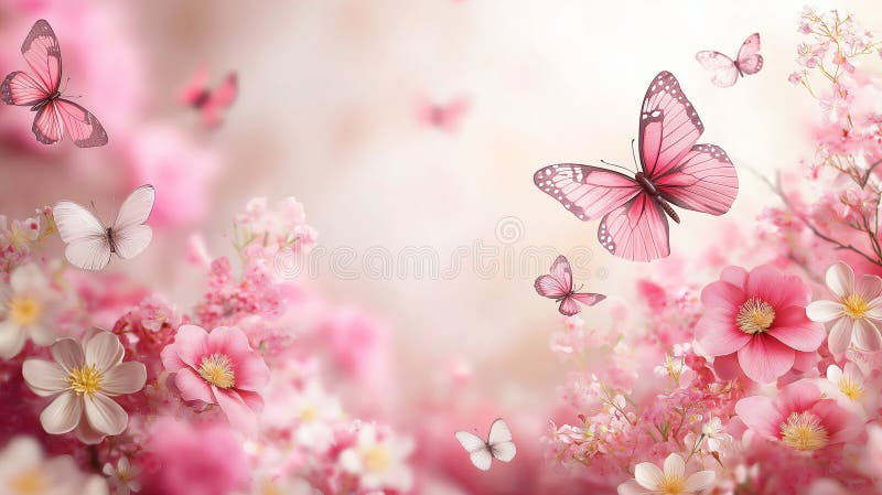 ανοιξιάτικο ροζ φόντο με λουλούδια sakura και πεταλούδα. φόντο. στοκ εικόνες