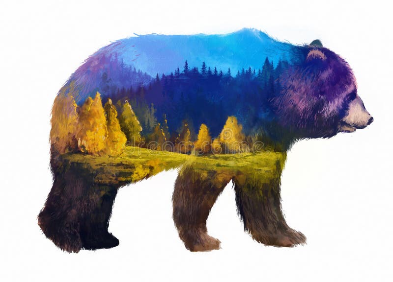 The grizzly bear on white background double exposure illustration. Retro design graphic element. This is illustration ideal for a mascot and tattoo or T-shirt graphic. Stock illustration. The grizzly bear on white background double exposure illustration. Retro design graphic element. This is illustration ideal for a mascot and tattoo or T-shirt graphic. Stock illustration