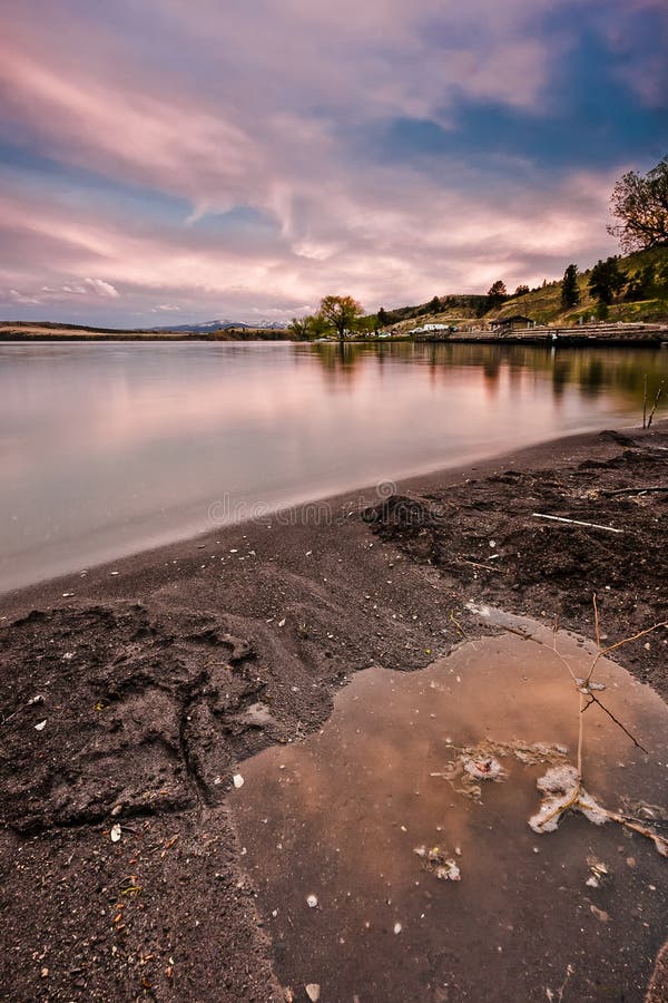 Reflections of a Scenic Sunset in the Waters of Hauser Lake, Montana at night. Reflections of a Scenic Sunset in the Waters of Hauser Lake, Montana at night