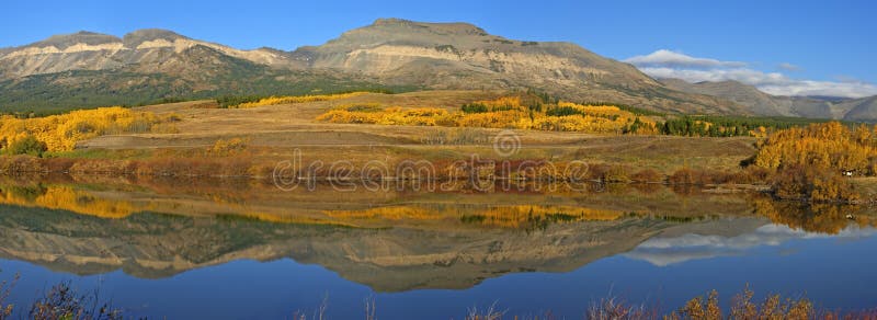 Beautiful Fall Foliage and Mountain Reflections in Pond off Hwy 2 near East Glacier Park Village, Montana. Beautiful Fall Foliage and Mountain Reflections in Pond off Hwy 2 near East Glacier Park Village, Montana.