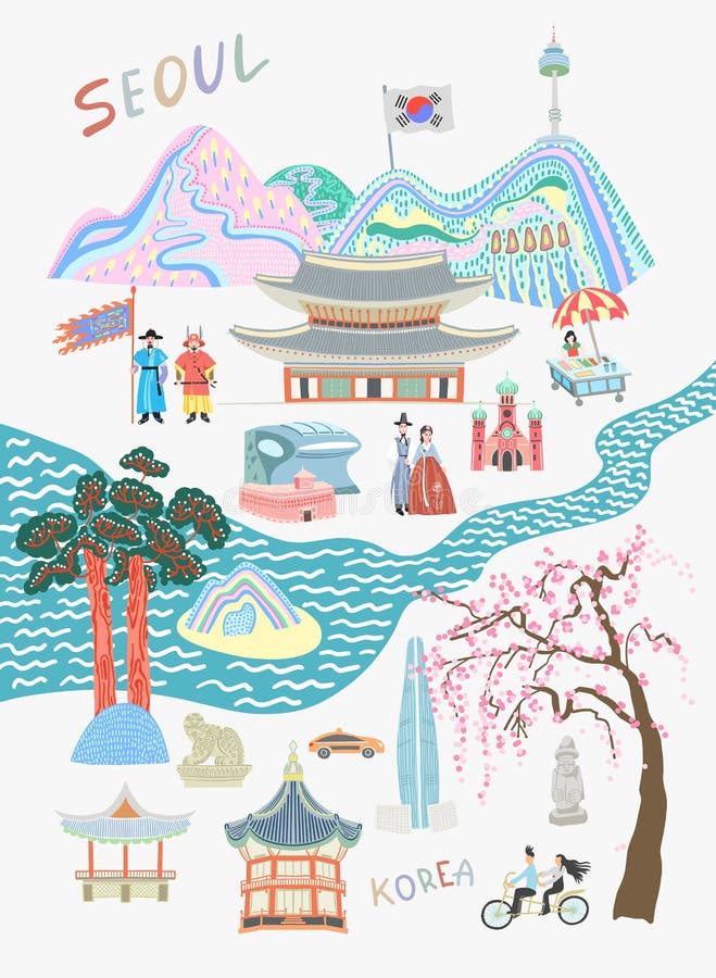 Doodle flat vector illustration of Seoul lovely travel card design - sights and attractions of south korea. Doodle flat vector illustration of Seoul lovely travel card design - sights and attractions of south korea