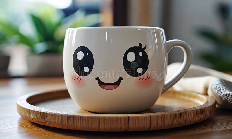 Αξιολάτρευτη Kawaii Mug με χαρούμενο πρόσωπο στο ξύλινο δίσκο Cozy Πρωινός καφές απεικόνιση αποθεμάτων