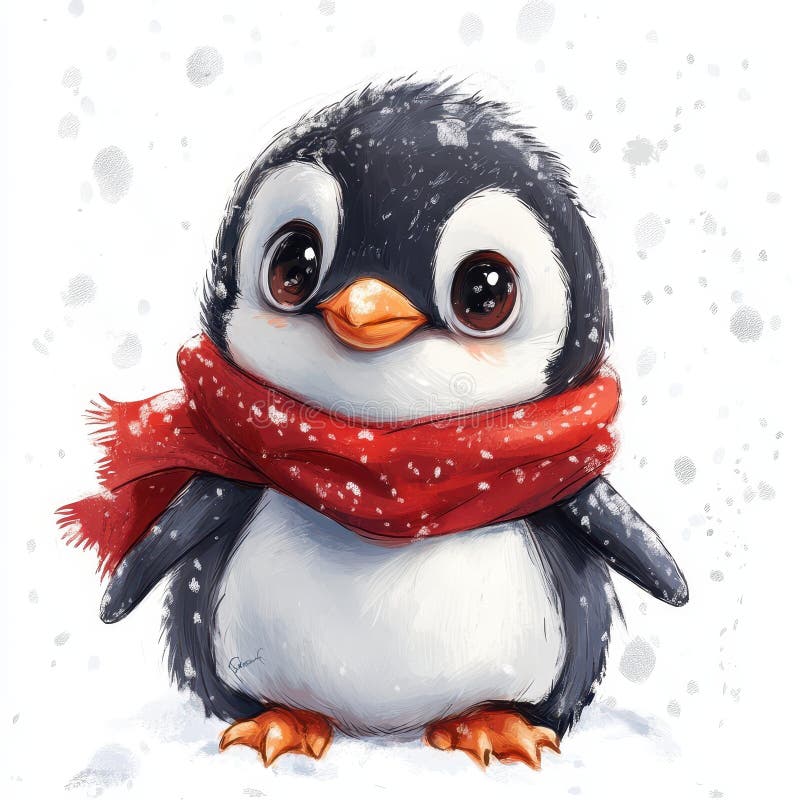 Αξιολάτρευτη Penguin Red Scarf Χιονάτη Χειμώνας Διασκέδαση απομονωμένη σε λευκό φόντο ελεύθερη απεικόνιση δικαιώματος