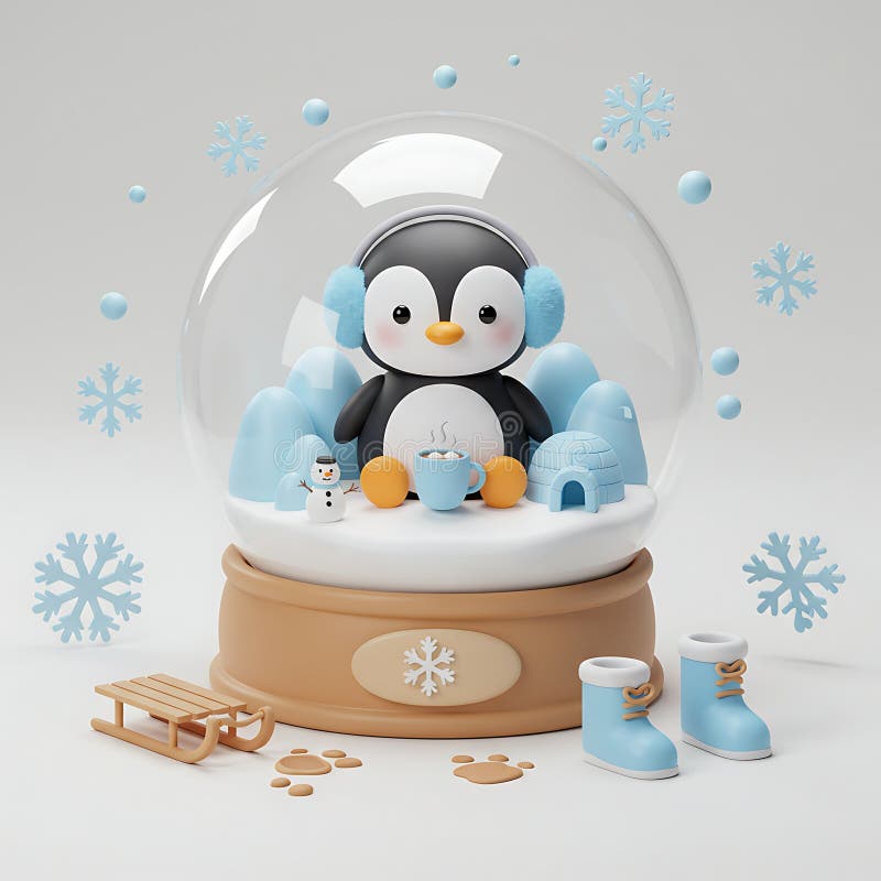 Αξιολάτρευτη Penguin Winter Χιονάτη με ζεστή σοκολάτα. Ένας χαριτωμένος πιγκουίνος που φοράει πιστόλια απολαμβάνει ένα ζεστό φλιτζάνι ζεστής σοκολάτας μέσα σε μια χιονόμπαλα περιτριγυρισμένη από έναν χιονάνθρωπο ιγκλού και νιφάδες χιονιού. Χειμωνιάτικη σκηνή.