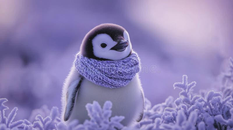 Αξιολάτρευτη Penguin Κοτοπουλάκι με μοβ κασκόλ εν μέσω χιονιού διανυσματική απεικόνιση