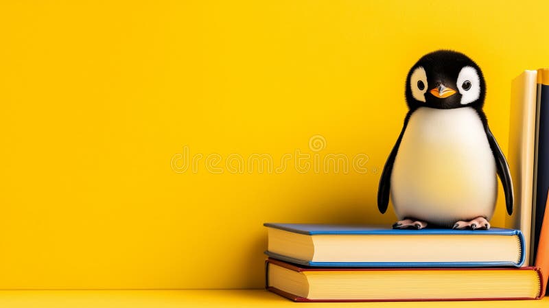 Αξιολάτρευτο penguin σε βιβλία με έντονα κίτρινο φόντο με χώρο για κείμενο διανυσματική απεικόνιση