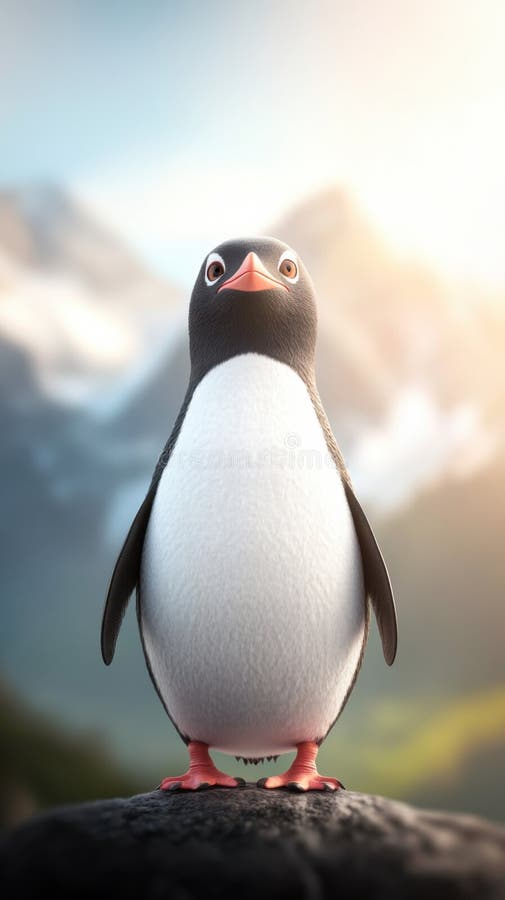 Αξιολάτρευτο Penguin στο μεγαλοπρεπές ορεινό τοπίο : Ένα εντυπωσιακό κομμάτι ψηφιακής τέχνης διανυσματική απεικόνιση