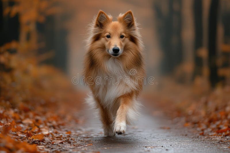 Αξιολάτρευτο Shetland Sheepdog Περπατάει το φθινόπωρο απεικόνιση αποθεμάτων