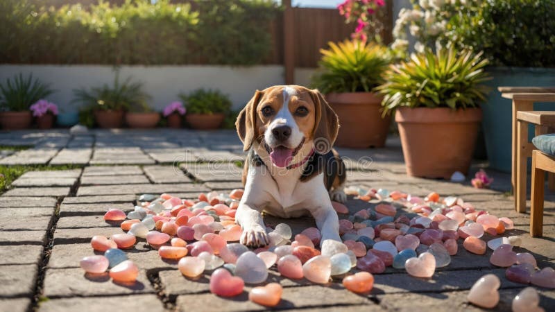 Αξιολάτρευτο σκυλί Beagle ποζάρει σε καρδιακές πέτρες σε κήπο απεικόνιση αποθεμάτων