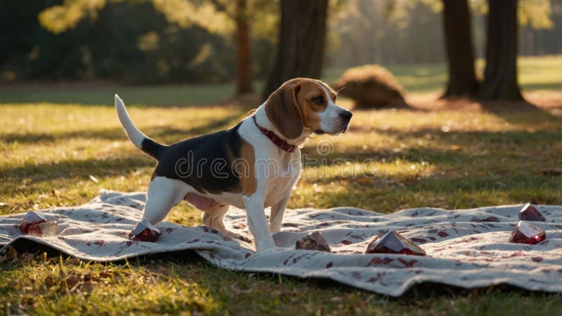 Αξιολάτρευτο σκυλί Beagle ποζάρει σε μια κουβέρτα στο Φθινοπωρινό Πάρκο ελεύθερη απεικόνιση δικαιώματος