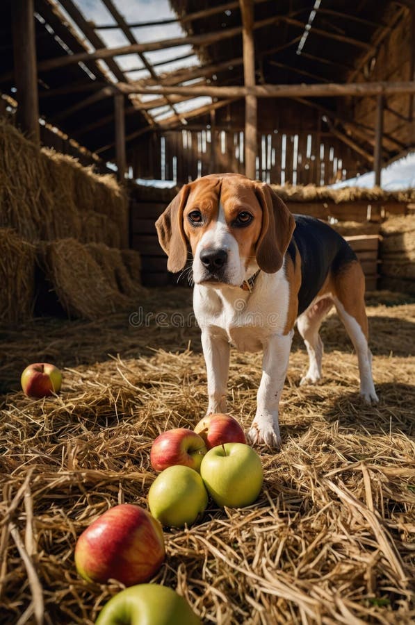 Αξιολάτρευτο σκυλί Beagle ποζάρει στο Rustic Stein με μήλα διανυσματική απεικόνιση