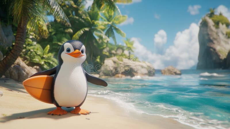 Αξιολάτρευτος Penguin με το Surfboard στην τροπική παραλία απεικόνιση αποθεμάτων