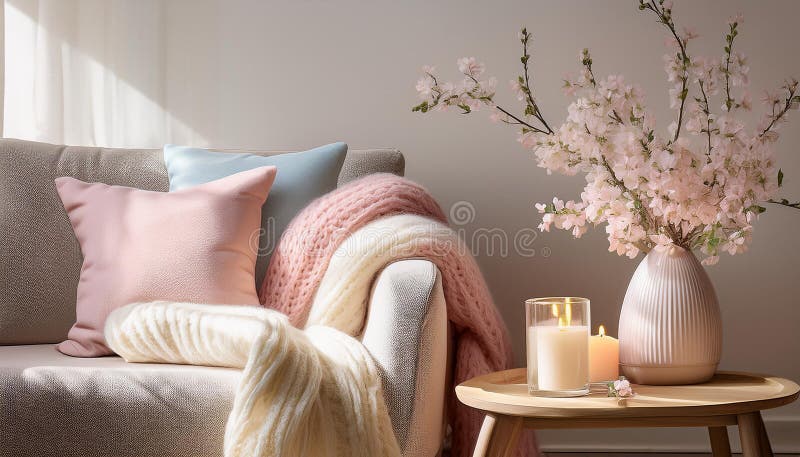 Απαλό άνθος : AIGenerated Living Space με ανθάκια κερασιάς και λεπτομέρειες παστέλ απεικόνιση αποθεμάτων