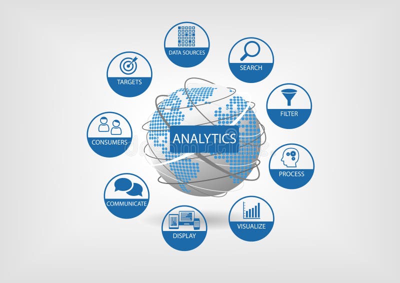 Απεικόνιση analytics Ιστού και στοιχείων με τη σφαίρα και το διαστιγμένο παγκόσμιο χάρτη διανυσματική απεικόνιση Απεικόνιση analytics Ιστού και στοιχείων με τη σφαίρα και το διαστιγμένο παγκόσμιο χάρτη διανυσματική απεικόνιση