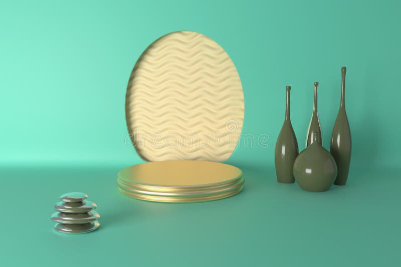 απεικόνιση 3d σε χρώματα τσίγκου με πράσινο φως. βάθρο ενάντια στα οβάλ κύματα κοπής πίσω από αυτό. οι βάσεις των πετρών είναι κον διανυσματική απεικόνιση