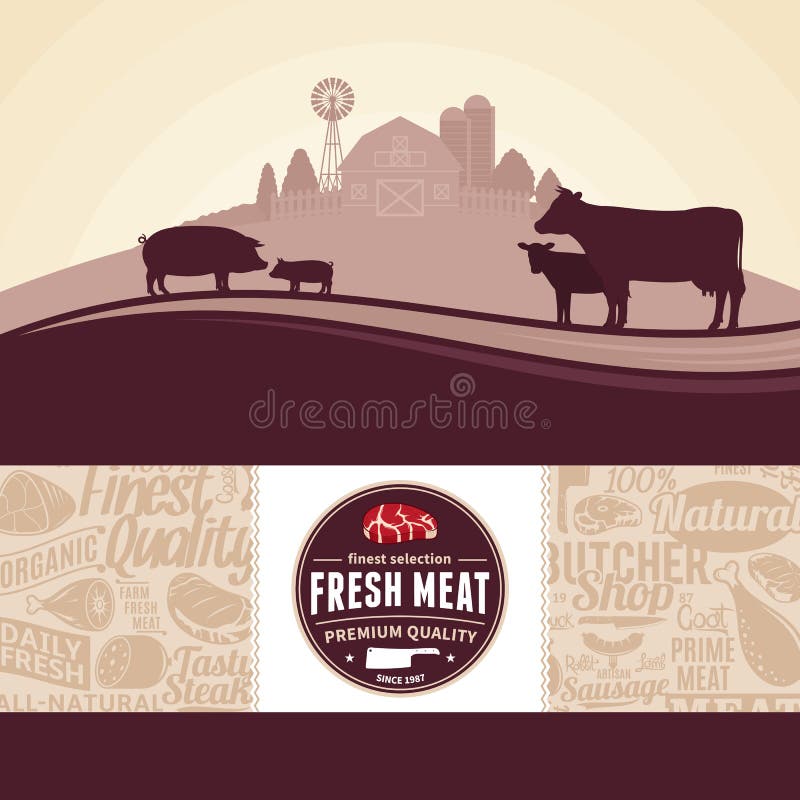 Vector fresh meat illustration with rural landscape and farm animals. Modern style butchery label and meat icons pattern. Butcher`s shop or farming design elements. Vector fresh meat illustration with rural landscape and farm animals. Modern style butchery label and meat icons pattern. Butcher`s shop or farming design elements