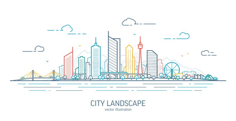 απεικόνιση γραφικού λεπτής γραμμής futustic cityscape. περίγραμμα πανοραμικής μελλοντικής πόλης. αφηρημένο τοπίο πόλης. αστική γρα διανυσματική απεικόνιση