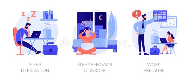 Stress management abstract concept vector illustration set. Sleep deprivation and behavior disorder, work pressure, insomnia, clinical diagnostic, mental health, chronic anxiety abstract metaphor. Stress management abstract concept vector illustration set. Sleep deprivation and behavior disorder, work pressure, insomnia, clinical diagnostic, mental health, chronic anxiety abstract metaphor.