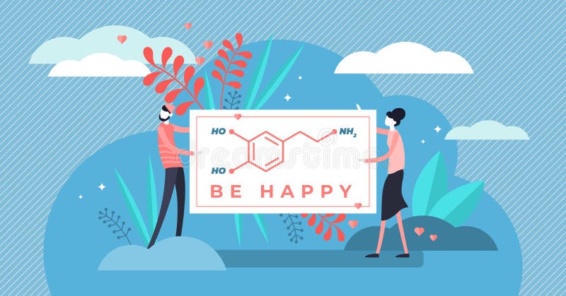 Dopamine vector illustration. Flat tiny chemical happiness persons concept. Isolated organic formula sign for hormone and neurotransmitter. Emotion, love, pleasure feeling and behavior causes effect. Dopamine vector illustration. Flat tiny chemical happiness persons concept. Isolated organic formula sign for hormone and neurotransmitter. Emotion, love, pleasure feeling and behavior causes effect.