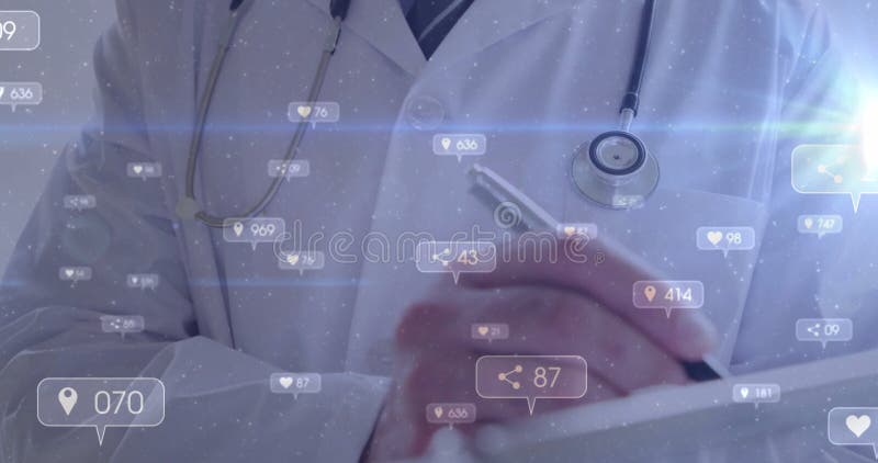 Απεικόνιση εικονιδίων μέσων σχετικά με καυκάσιους άνδρες γιατρούς που γράφουν φιλμ μικρού μήκους