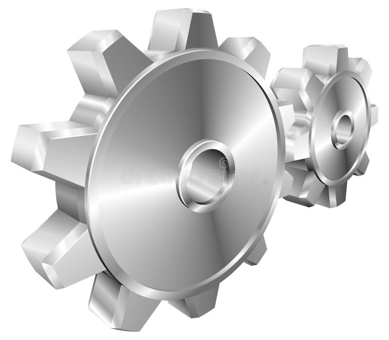 A pair of shiny silver steel metallic cog or gear wheels illustration with dynamic perspective. Can be used as an icon or illustration in its own right. A pair of shiny silver steel metallic cog or gear wheels illustration with dynamic perspective. Can be used as an icon or illustration in its own right.