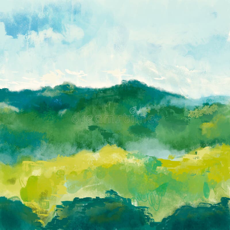 Απεικόνιση ζωγραφικής τέχνης τοπίων φύσης Τοπίο του βουνού, του δάσους και του ουρανού