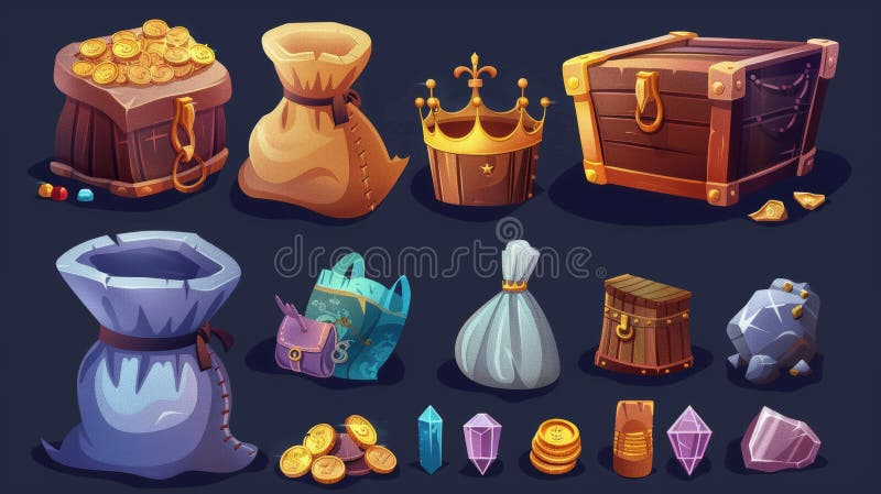 An illustration of a treasure pile, a sack and a chest isolated on a dark blue background. Open wooden box, sacks full of money, vintage royal crowns, jewels and heaps of coins.. AI generated. An illustration of a treasure pile, a sack and a chest isolated on a dark blue background. Open wooden box, sacks full of money, vintage royal crowns, jewels and heaps of coins.. AI generated