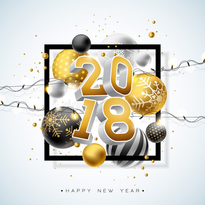 2018 απεικόνιση καλής χρονιάς με το χρυσό τρισδιάστατο αριθμό, την ελαφριά γιρλάντα και τη διακοσμητική σφαίρα στο άσπρο υπόβαθρο διανυσματική απεικόνιση