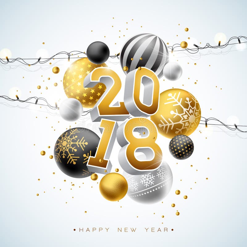 2018 απεικόνιση καλής χρονιάς με το χρυσό τρισδιάστατο αριθμό, την ελαφριά γιρλάντα και τη διακοσμητική σφαίρα στο άσπρο υπόβαθρο ελεύθερη απεικόνιση δικαιώματος