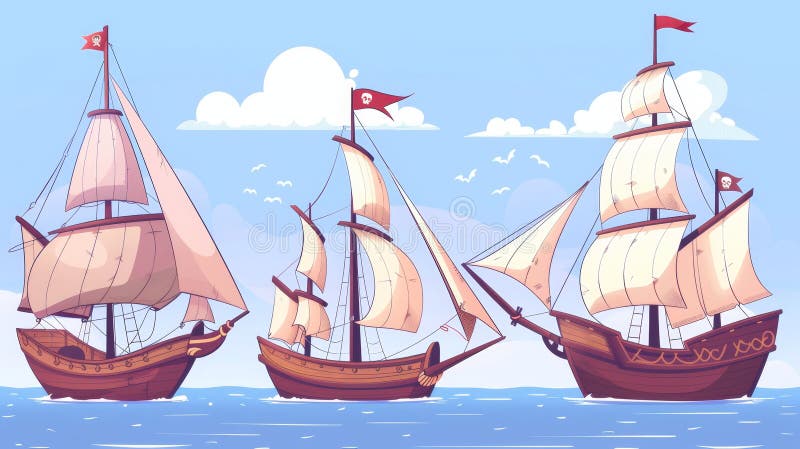 A cartoon illustration set of vintage ships with wooden masts and decks for a sea adventure game UI. A medieval marine transport corsair and galleon for a sea adventure game UI.. AI generated. A cartoon illustration set of vintage ships with wooden masts and decks for a sea adventure game UI. A medieval marine transport corsair and galleon for a sea adventure game UI.. AI generated