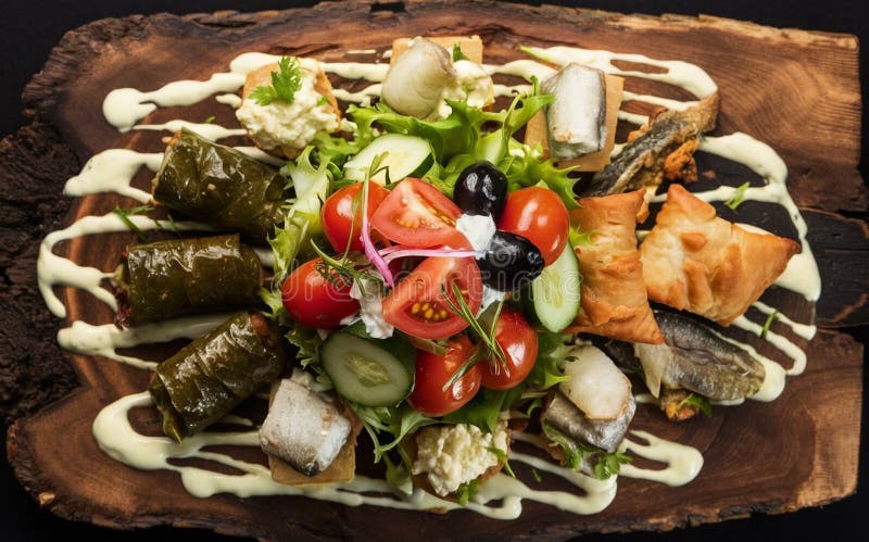 απεικόνιση μεσογειακής συσκευής ορεκτικό σε ξύλινη σανίδα διανυσματική απεικόνιση