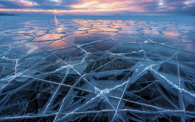 An AI generated illustration of frozen lake at sunset. An AI generated illustration of frozen lake at sunset