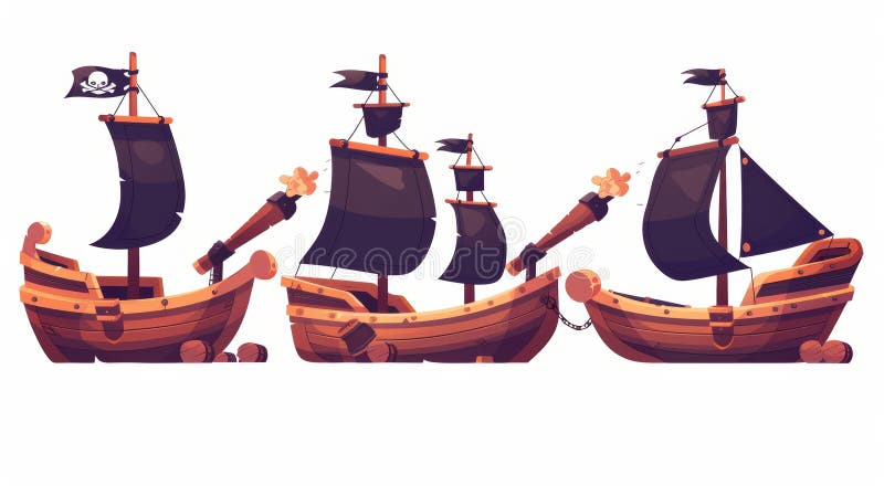 Illustration of pirate ships isolated on white background. Black sailboats, shooting cannons, jolly roger flag, old and new battleship, barge after shipwreck, sea battle and cartoon illustration.. AI generated. Illustration of pirate ships isolated on white background. Black sailboats, shooting cannons, jolly roger flag, old and new battleship, barge after shipwreck, sea battle and cartoon illustration.. AI generated