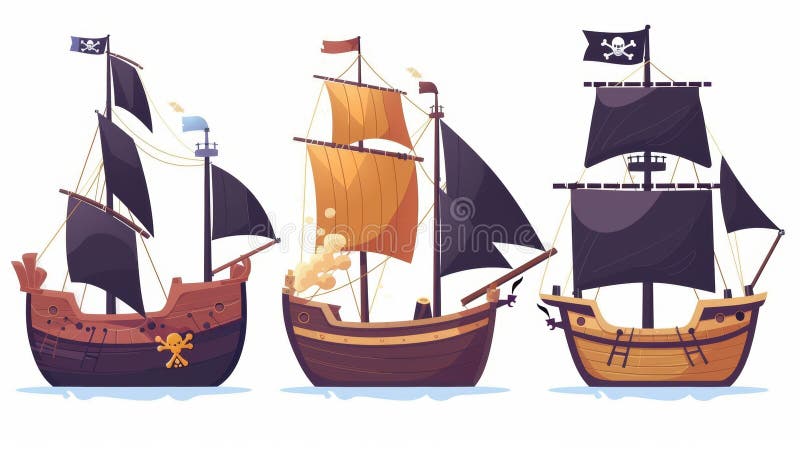 An illustration of pirate ships on white background. Wooden boats with black sails, cannons, and a jolly roger flag. Old and new battleships, barges after shipwrecks, and sea battle cartoon.. AI generated. An illustration of pirate ships on white background. Wooden boats with black sails, cannons, and a jolly roger flag. Old and new battleships, barges after shipwrecks, and sea battle cartoon.. AI generated