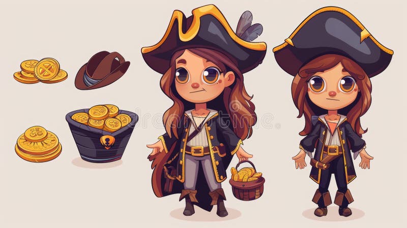 Cartoon illustration depicting a ghost pirate girl holding a precious gem stone and golden coins, an ancient fantasy character in a filibuster costume, ancient fantasy character, spook buccaneer.. AI generated. Cartoon illustration depicting a ghost pirate girl holding a precious gem stone and golden coins, an ancient fantasy character in a filibuster costume, ancient fantasy character, spook buccaneer.. AI generated