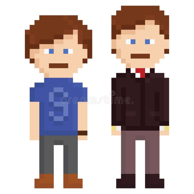 Pixel art illustration of two men, young in blue shirt and adult in office suit isolated on white backgound. Pixel art illustration of two men, young in blue shirt and adult in office suit isolated on white backgound.