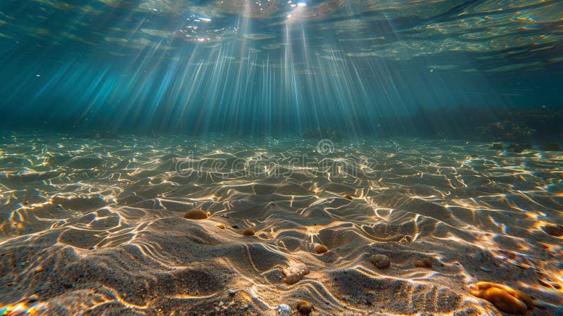 An AI generated illustration of the sandy bottom of the sea in sunlight. An AI generated illustration of the sandy bottom of the sea in sunlight