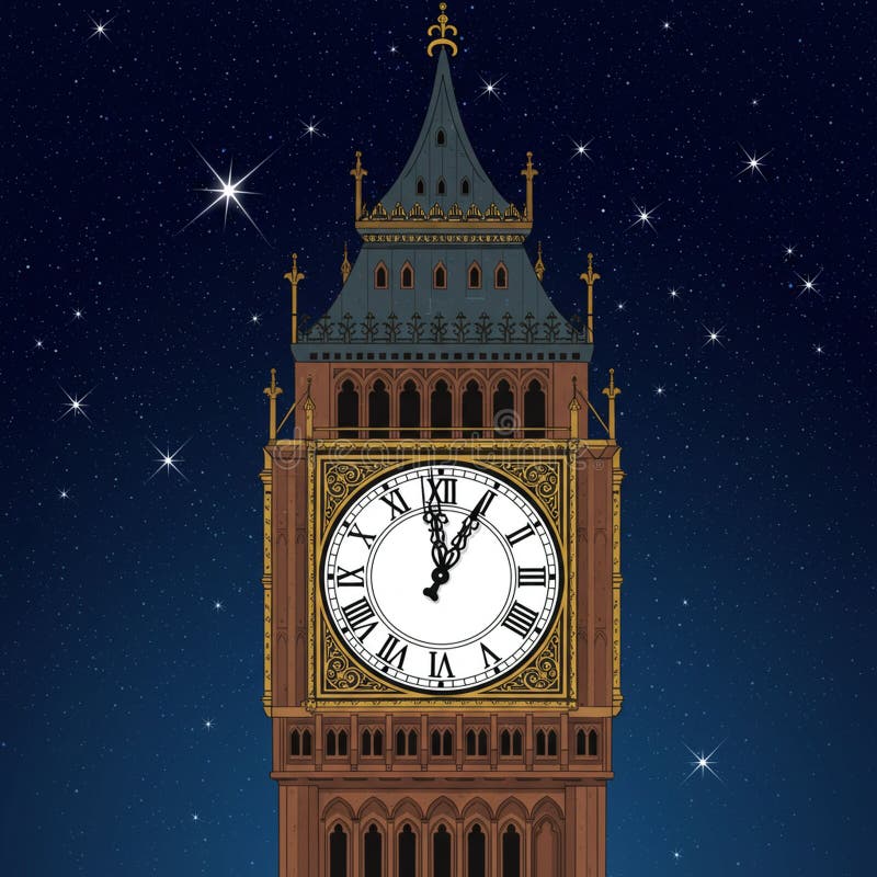 Απεικόνιση του πύργου ρολογιού, γνωστού ως Big Ben στο Λονδίνο, με λεπτομερή μεγάλο ρολόι απεικόνιση αποθεμάτων