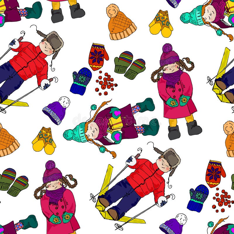 Illustration of Kids and winter fun. The bright winter clothes. The festive mood. Seamless pattern. Illustration of Kids and winter fun. The bright winter clothes. The festive mood. Seamless pattern