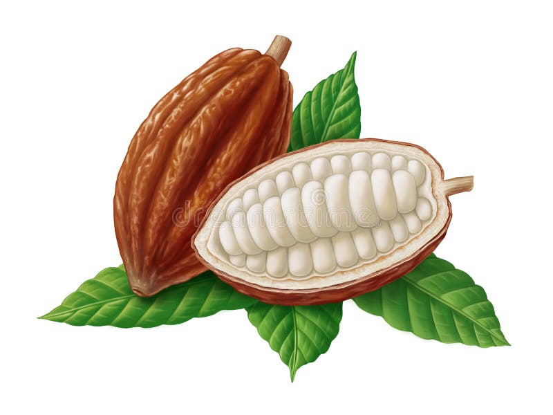 Cocoa beans and leaves illustration, digital painting. Cocoa beans and leaves illustration, digital painting