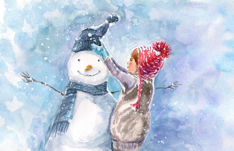 Happy child girl plaing with a snowman. Watercolor illustration. Happy child girl plaing with a snowman. Watercolor illustration