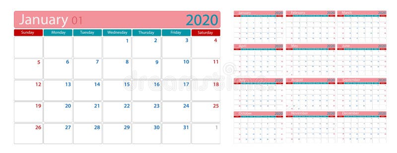 Απλό πρότυπο ημερολογίου 2020 Οργάνωση ημέρας στην κενή περιοχή ημερών διανυσματική απεικόνιση