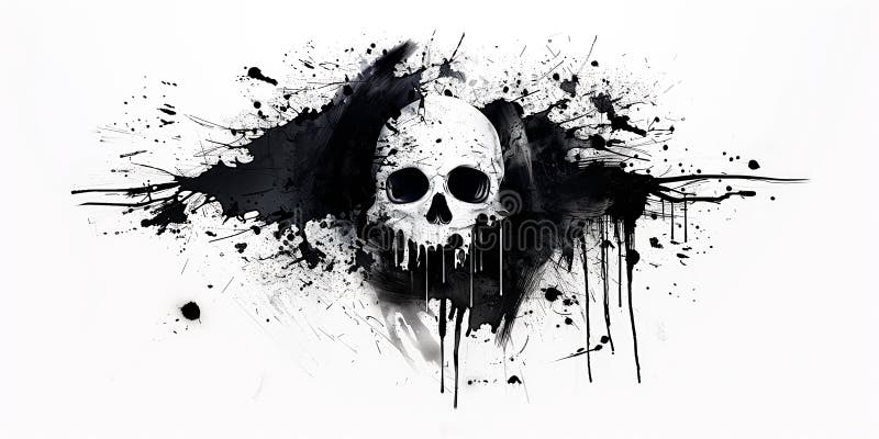 Human skull with dynamic black ink splatters in the midst of disintegration, highlighted by bold black ink splatters. AI generated. Human skull with dynamic black ink splatters in the midst of disintegration, highlighted by bold black ink splatters. AI generated