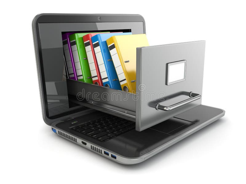 Αποθήκευση στοιχείων. Εικονίδιο lap-top και του διαχειρηστή αρχείων με τους συνδέσμους δαχτυλιδιών. ελεύθερη απεικόνιση δικαιώματος