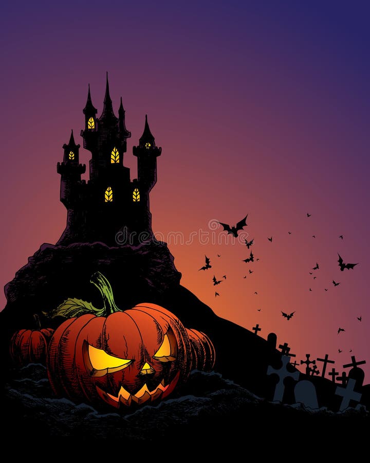 Halloween invitation or background with castle, bats and pumpkin. Halloween invitation or background with castle, bats and pumpkin