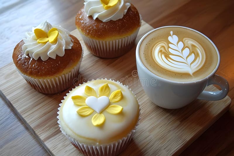 Απολαυστικά κεκάκια λεμονιών με καφέ Latte Art απεικόνιση αποθεμάτων