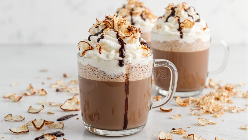 Απολαύστε ένα πολυτελές Almond Coconut Mocha με σιρόπι σοκολάτας και φρυγμένες νιφάδες καρύδας Ιδανικό για λάτρεις του καφέ απεικόνιση αποθεμάτων